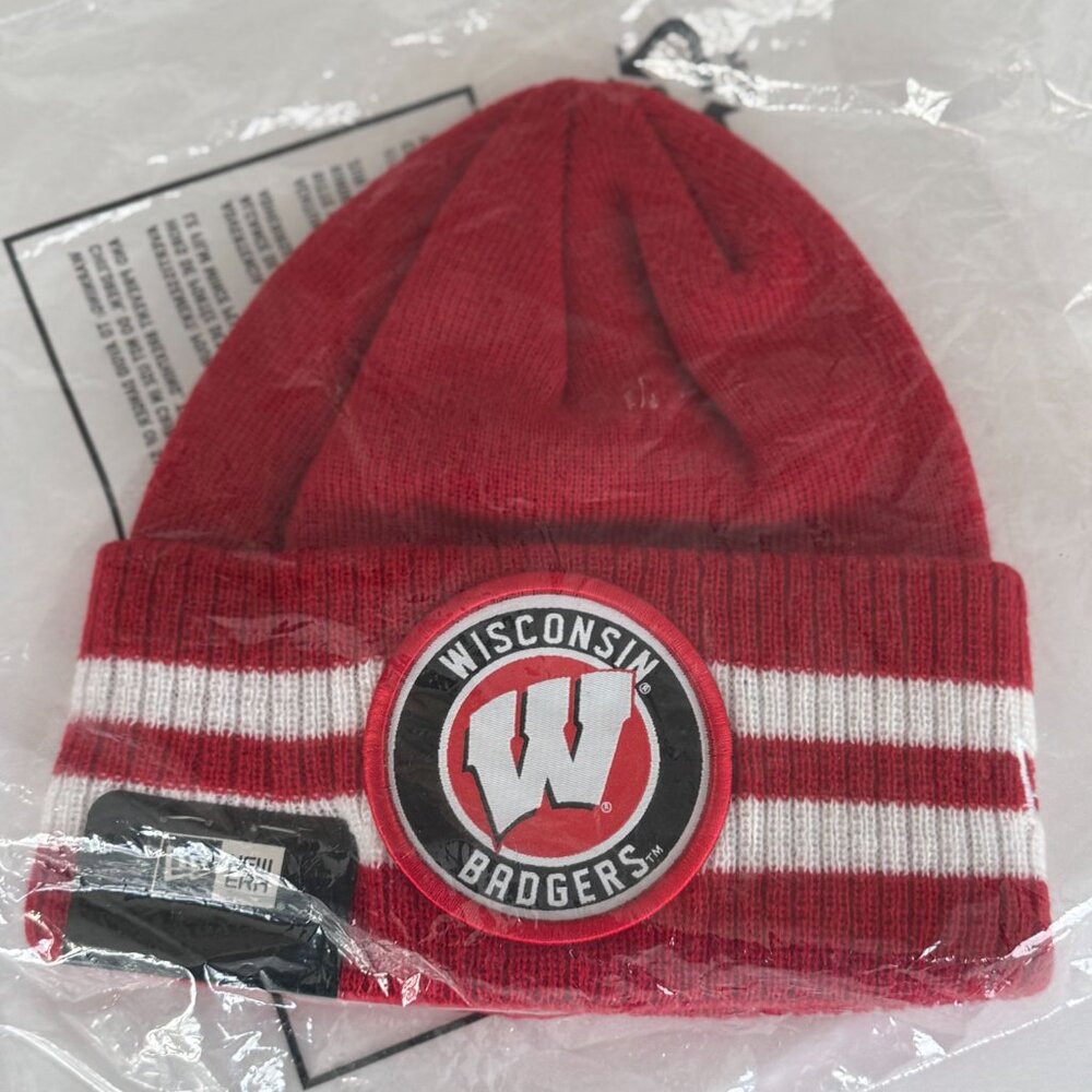 New Era Wisconsin Badgers Beanie Hat Red White 2 Striped Knit Remix Cuff Knit - Picture 6 of 7